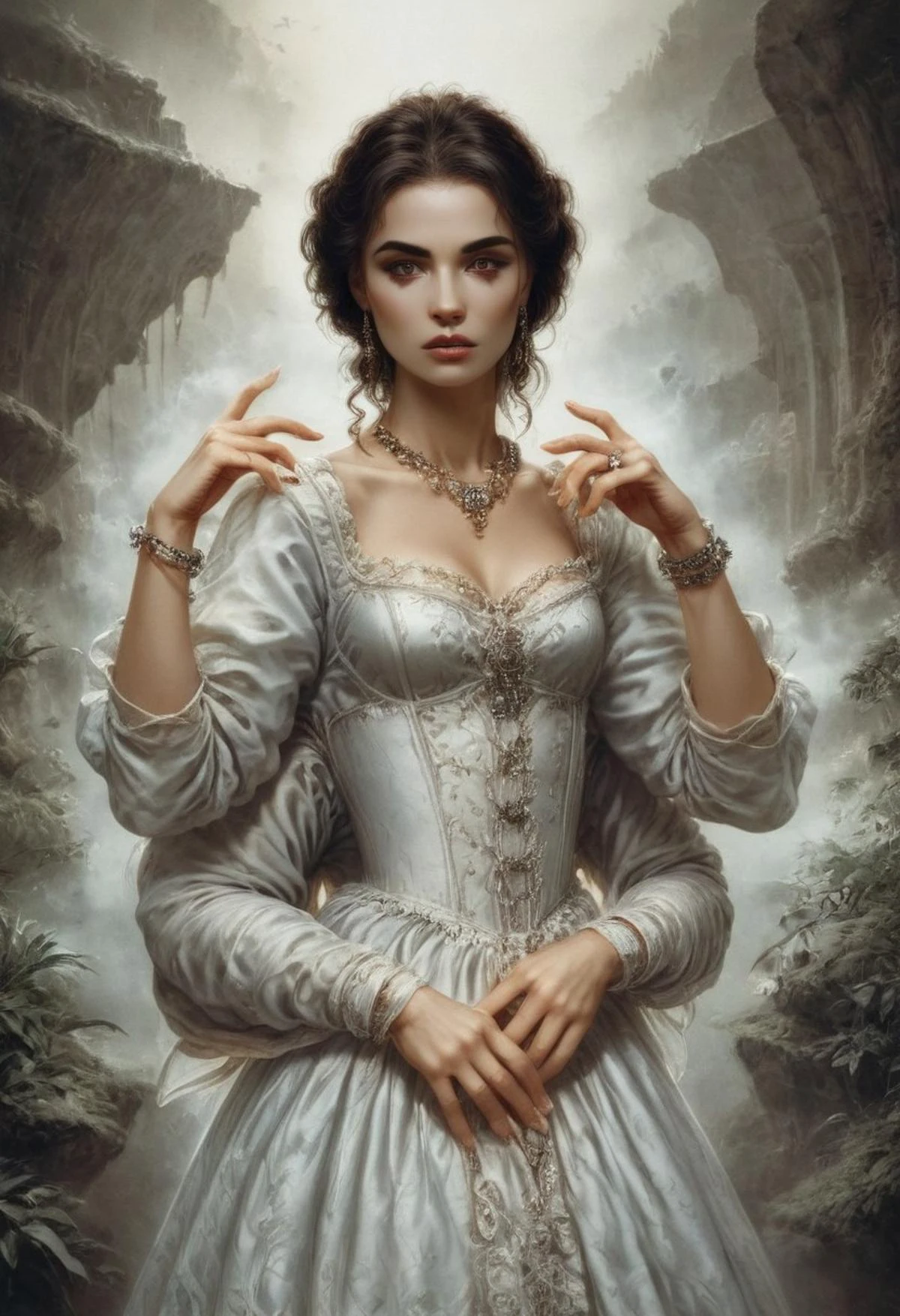 score_9, score_8_up, score_7_up, rating_safe, Fixhand,
concept art, realistic, dark theme, low light, dvr-gs, Portrait, 1girl, solo, HAROQUE2.
Lush curly hair.
long dress, Diamond necklace.
(4arm). ((4 arms:1.3)).
medieval castle ballroom, haze, fog, candles, incense.