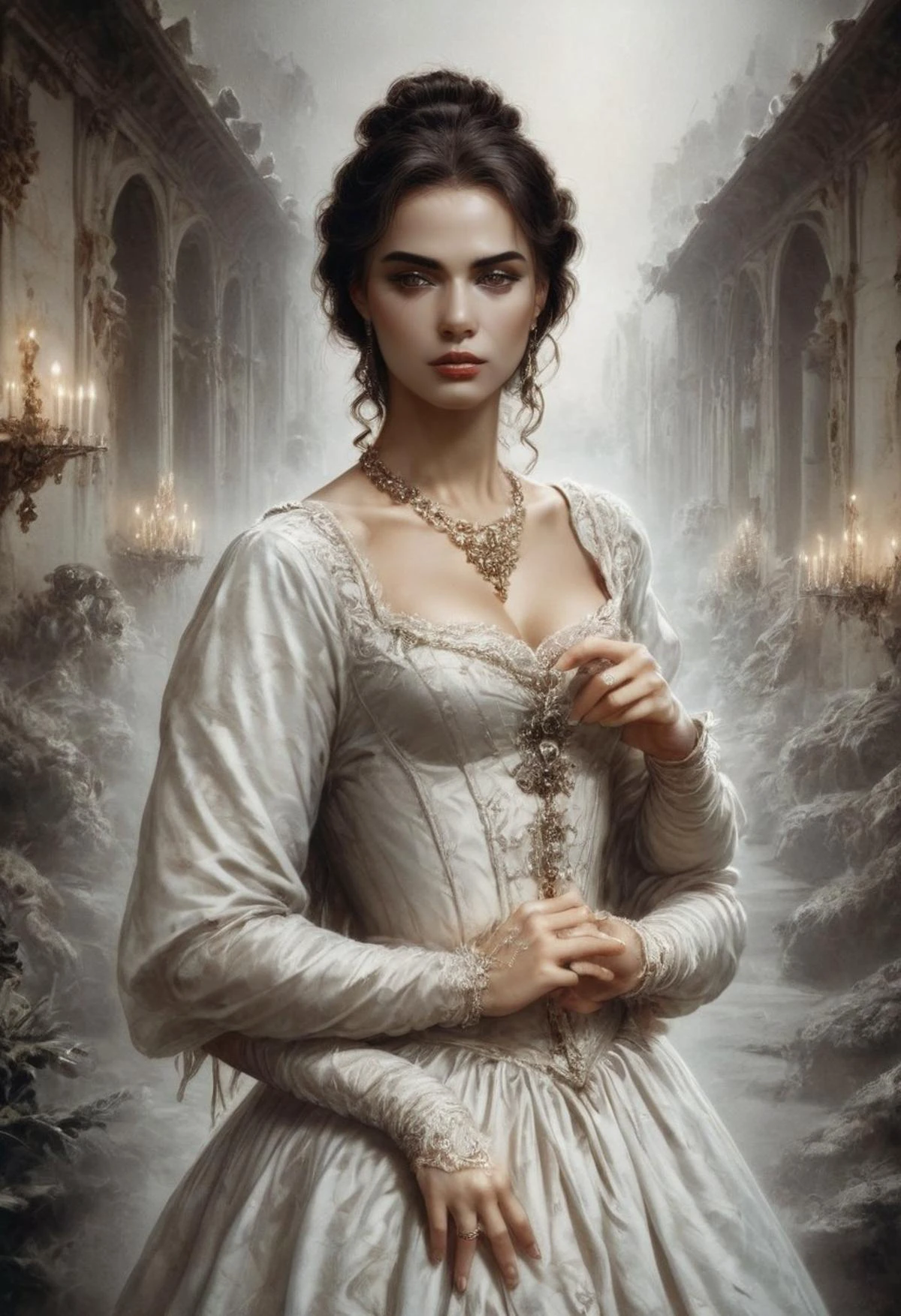 score_9, score_8_up, score_7_up, rating_safe, Fixhand,
concept art, realistic, dark theme, low light, dvr-gs, Portrait, 1girl, solo, HAROQUE2.
curly white hair.
long dress, Diamond necklace.
(4arm). ((4 arms:1.2)).
medieval castle ballroom, haze, fog, candles, incense.