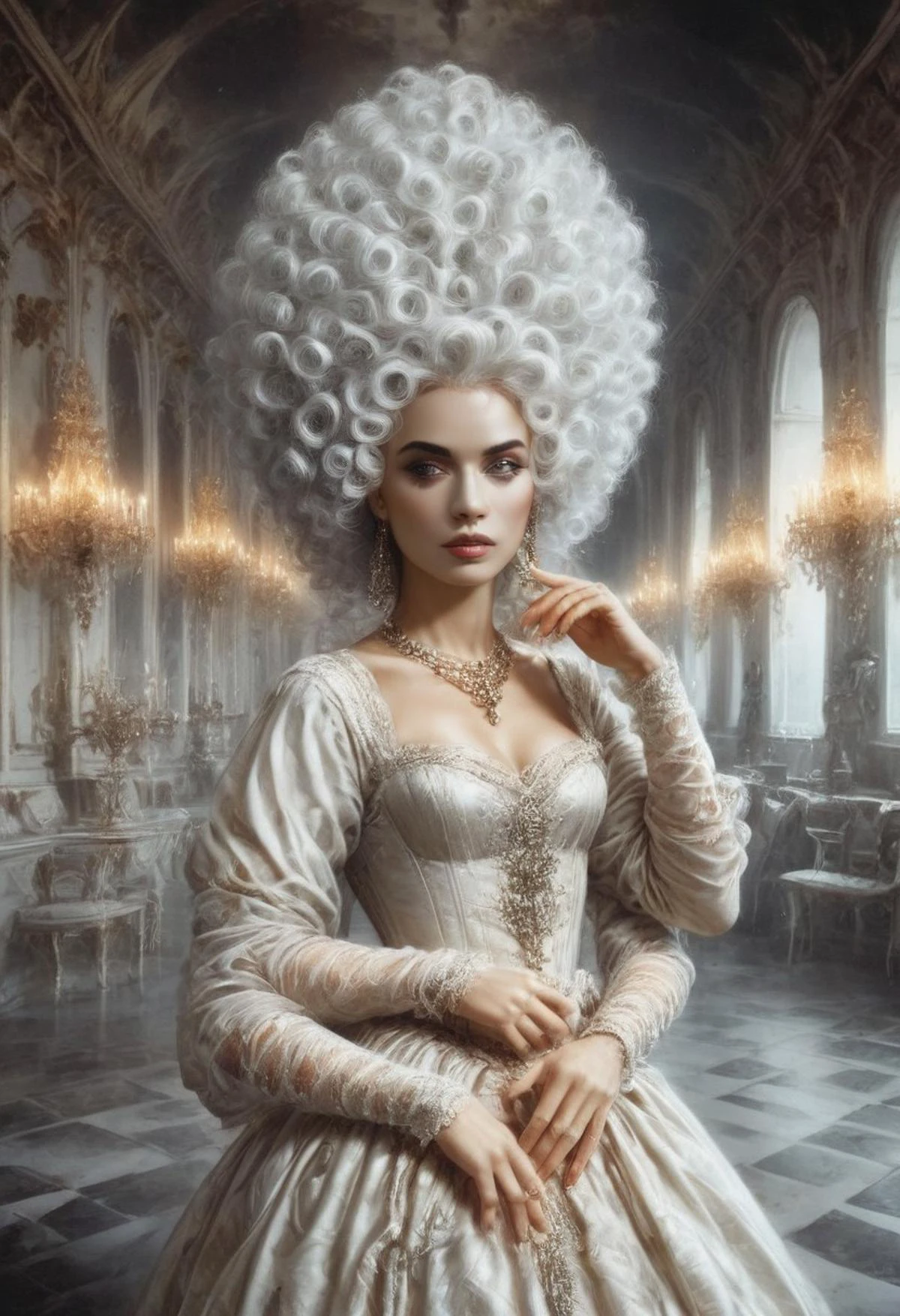 score_9, score_8_up, score_7_up, rating_safe, Fixhand,
concept art, realistic, dark theme, low light, dvr-gs, Portrait, 1girl, solo, HAROQUE2.
((curly white hair)).
long dress, Diamond necklace.
(4arm). ((4 arms:1.2)).
medieval castle ballroom, haze, fog, candles, incense.