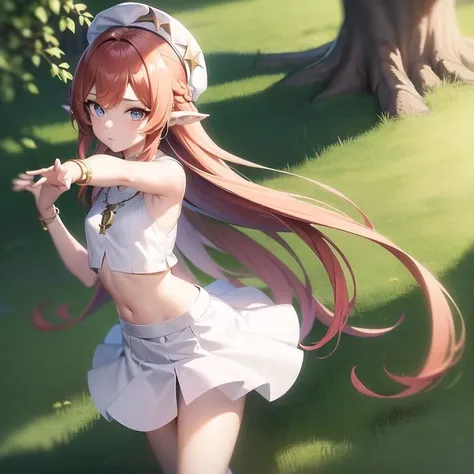 ((masterpiece)), (best quality), 8k, ultra-detailed, nilou (genshin impact), desert, long red hair, small breasts, 1girl, nilou_genshin, default_dress, white top, blue skirt, navel, HEADDRESS, <lora:Nilou-000060:1>, dynamic pose, (simple necklace or bracelet as accessories), (beautiful detailed shiny eyes:1.2). disheveled hair, realistic painting style, artistic pose, white long stockings, horns, detailed hands, blue skirt, hat, blue eyes, standing, <lora:waist_size_control_v1.0:-1>