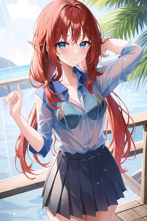 masterpiece, (best qulaity:1.3), 8K, wallpaper, (1girl, (nilou \(genshin impact)\), (aqua_eyes), red_hair, long hair, twintails, (bra visible through clothes, see-through:1.3), blue neckbow, wet, (wet shirt:1.5), smile, closed mouth, (rain), outdoors, blush, jungle, (small breasts:1.3), blue neckbow, (pleated skirt:1.2), looking at viewer)