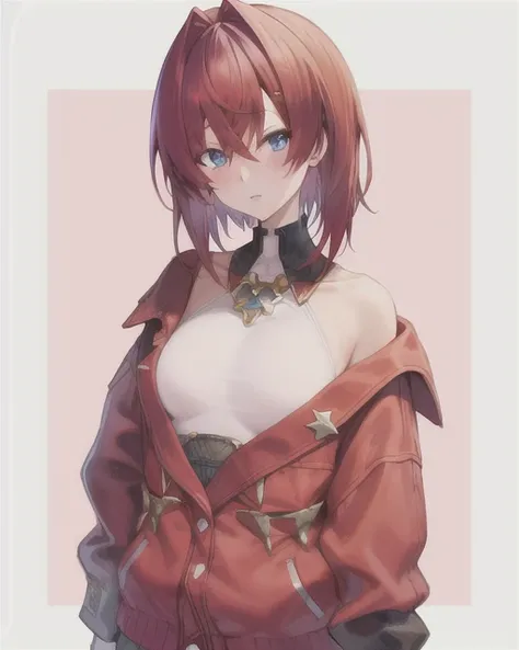 red hair,virtual youtuber,1girl,short hair,blue eyes,hair between eyes,hair ornament,solo,bangs,looking at viewer,hairclip,hair intakes,jacket,blush,breasts,shirt,off shoulder,long sleeves,simple background,ange style,<lora:ange_01:1>