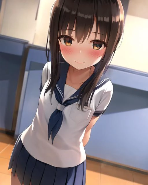(sfw), 1girl, blush, smile, cowboy shot, dynamic angle, arms behind back, small breasts, looking_at_viewer, school_uniform, shirt, skirt, <hypernet:egami:1>