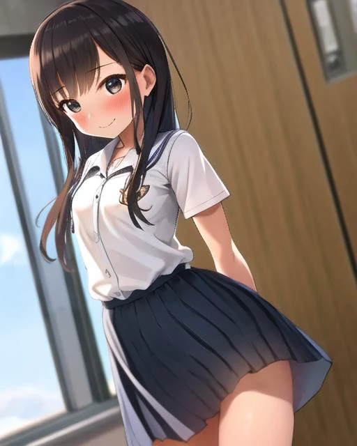 (sfw), 1girl, blush, smile, cowboy shot, dynamic angle, arms behind back, small breasts, looking_at_viewer, school_uniform, shirt, skirt, <hypernet:egami:1>