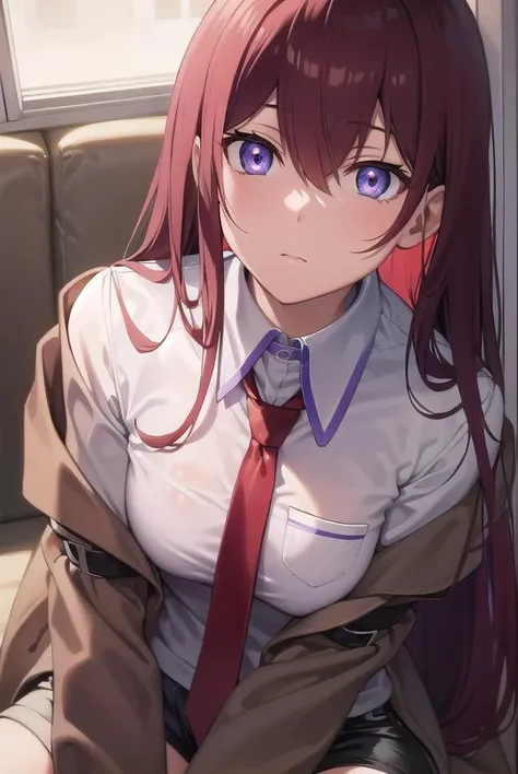 kurisumakise, <lora:kurisutest:1>,
kurisu makise, hair between eyes, hair over shoulder, long hair, (purple eyes:1.1), red hair, straight hair, (flat chest:1.2),
BREAK black pantyhose, black shorts, brown coat, coat, collared shirt, long sleeves, necktie, pantyhose, pantyhose under shorts, shirt, short shorts, shorts, sleeves past wrists, white shirt, wing collar,
BREAK looking at viewer,
BREAK indoors, lab,
BREAK <lora:GoodHands-vanilla:1>, (masterpiece:1.2), best quality, high resolution, unity 8k wallpaper, (illustration:0.8), (beautiful detailed eyes:1.6), extremely detailed face, perfect lighting, extremely detailed CG, (perfect hands, perfect anatomy),