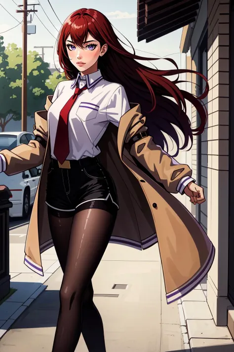 (masterpiece, best quality), intricate details,
1girl,
<lora:kurisetest:0.8> kurisu makise, hair between eyes, hair over shoulder, long hair, (purple eyes:1.1), red hair, straight hair,, black pantyhose, black shorts, brown coat, coat, collared shirt, long sleeves, necktie, pantyhose, pantyhose under shorts, shirt, short shorts, shorts, sleeves past wrists, white shirt, wing collar,