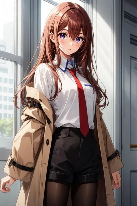 (masterpiece, best quality),  intricate details,
1girl,  
 <lora:kurisetest:0.8> kurisu makise, hair between eyes, hair over shoulder, long hair, (purple eyes:1.1), red hair, straight hair,, black pantyhose, black shorts, brown coat, coat, collared shirt, long sleeves, necktie, pantyhose, pantyhose under shorts, shirt, short shorts, shorts, sleeves past wrists, white shirt, wing collar,