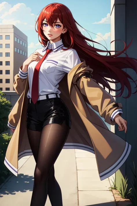 (masterpiece, best quality), intricate details,
1girl,
<lora:kurisetest:0.8> kurisu makise, hair between eyes, hair over shoulder, long hair, (purple eyes:1.1), red hair, straight hair,, black pantyhose, black shorts, brown coat, coat, collared shirt, long sleeves, necktie, pantyhose, pantyhose under shorts, shirt, short shorts, shorts, sleeves past wrists, white shirt, wing collar,