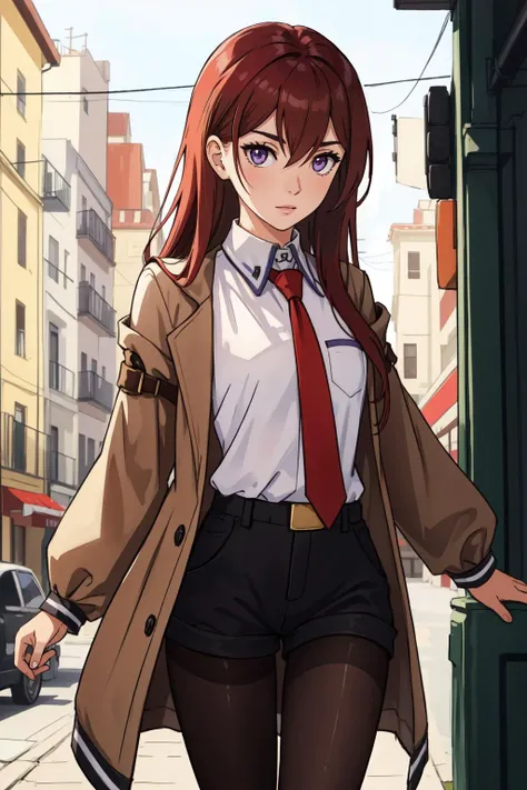 (masterpiece, best quality),  intricate details,
1girl,  
 <lora:kurisetest:0.8> kurisu makise, hair between eyes, hair over shoulder, long hair, (purple eyes:1.1), red hair, straight hair,, black pantyhose, black shorts, brown coat, coat, collared shirt, long sleeves, necktie, pantyhose, pantyhose under shorts, shirt, short shorts, shorts, sleeves past wrists, white shirt, wing collar,