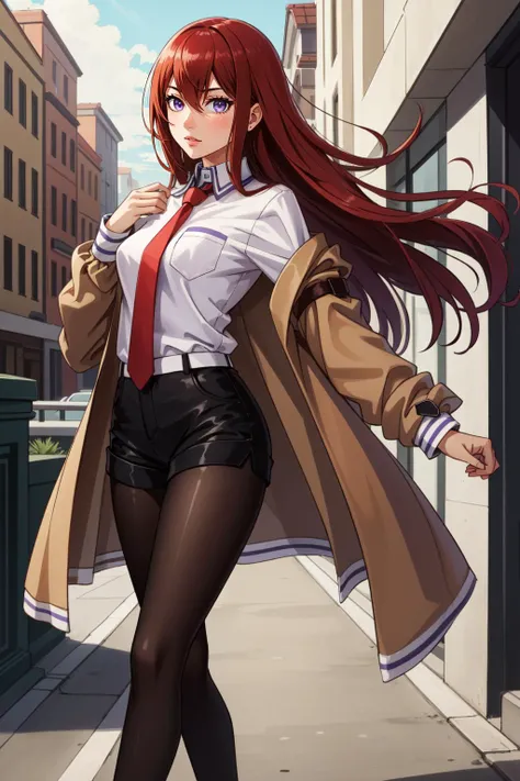 (masterpiece, best quality), intricate details,
1girl,
<lora:kurisetest:0.8> kurisu makise, hair between eyes, hair over shoulder, long hair, (purple eyes:1.1), red hair, straight hair,, black pantyhose, black shorts, brown coat, coat, collared shirt, long sleeves, necktie, pantyhose, pantyhose under shorts, shirt, short shorts, shorts, sleeves past wrists, white shirt, wing collar,