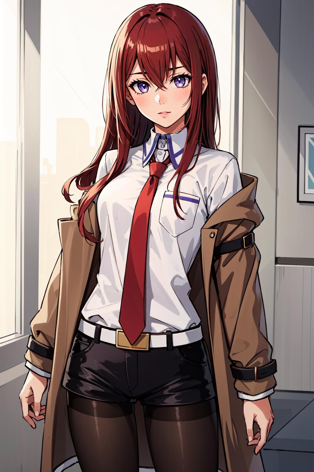 Anime girl in a white shirt and red tie standing in a room - SeaArt AI