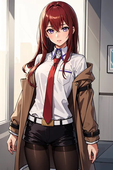 (masterpiece, best quality),  intricate details,
1girl,  
 <lora:kurisetest:0.8> kurisu makise, hair between eyes, hair over shoulder, long hair, (purple eyes:1.1), red hair, straight hair,, black pantyhose, black shorts, brown coat, coat, collared shirt, long sleeves, necktie, pantyhose, pantyhose under shorts, shirt, short shorts, shorts, sleeves past wrists, white shirt, wing collar,