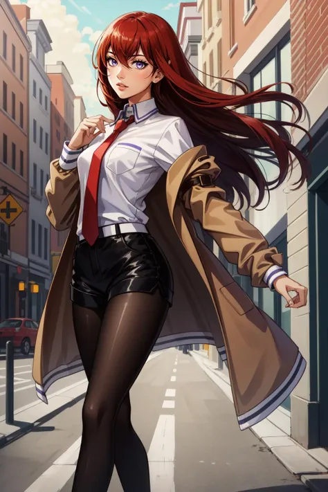 (masterpiece, best quality), intricate details,
1girl,
<lora:kurisetest:0.8> kurisu makise, hair between eyes, hair over shoulder, long hair, (purple eyes:1.1), red hair, straight hair,, black pantyhose, black shorts, brown coat, coat, collared shirt, long sleeves, necktie, pantyhose, pantyhose under shorts, shirt, short shorts, shorts, sleeves past wrists, white shirt, wing collar,