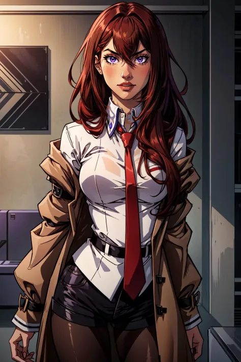 (masterpiece, best quality), intricate details,
1girl,
<lora:kurisetest:0.8> kurisu makise, hair between eyes, hair over shoulder, long hair, (purple eyes:1.1), red hair, straight hair,, black pantyhose, black shorts, brown coat, coat, collared shirt, long sleeves, necktie, pantyhose, pantyhose under shorts, shirt, short shorts, shorts, sleeves past wrists, white shirt, wing collar,