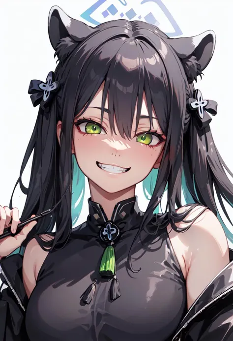 best quality, masterpiece, highres, solo, (shun_bluearchive:1.10), evil grin, evil smile, grin, portrait, looking at viewer, 40 <lora:shun_bluearchive:0.80>
