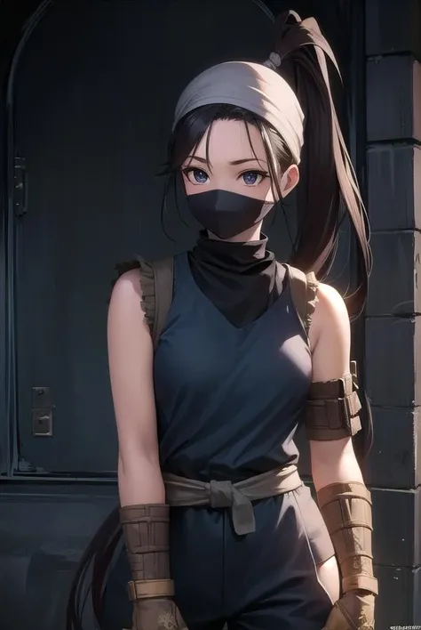 ibuki, <lora:ibuki-lora-nochekaiser:1>,
ibuki, (black eyes:1.5), black hair, long hair, ponytail,
BREAK bandages, bandana, covered mouth, fingerless gloves, gloves, half mask, hip vent, japanese clothes, mask, mouth mask, ninja,
BREAK indoors,
BREAK looking at viewer, (cowboy shot:1.5),
BREAK <lyco:GoodHands-beta2:1>, (masterpiece:1.2), best quality, high resolution, unity 8k wallpaper, (illustration:0.8), (beautiful detailed eyes:1.6), extremely detailed face, perfect lighting, extremely detailed CG, (perfect hands, perfect anatomy),