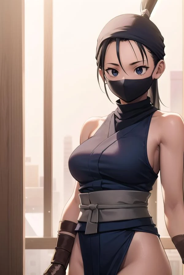 (masterpiece), (highest quality), (Super Detail), (Disheveled Hair), (shape), (One Girl), (whole body), (Stylishly decorated ninja costume), Leather Armlets, night、Standing in the hallway, The moonlight shining from behind her、Her body glows as if surrounded by an aura..., Dagger on hip, Japan with a sword on your back, Holding a kunai in the hand, Preparing to attack,arms up,armpits, armpits,sweat,sweaty,sweaty armpits,awesome armpits,sweating ,sleeveless,exhausted,tired, wearing arm bands,arms raised,very tired,sweating,arms raised,both arms raised,sweaty,red arm warmers,red arm bands,blue black face mask