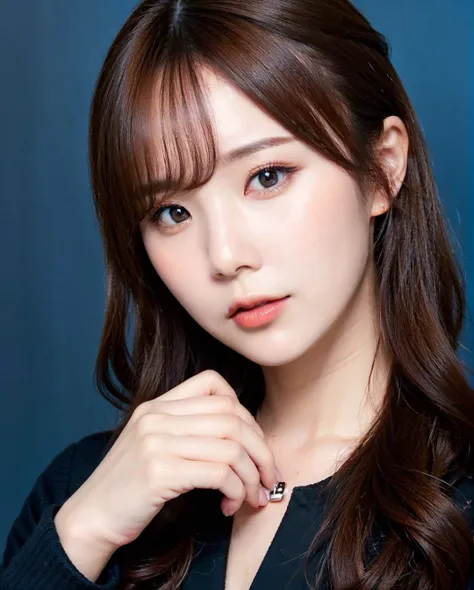 RAW, sharp focus, delicate, beautiful composition, best quality, (realistic), high quality, ultra detailed, (Real picture), (realistic skin), (intricate details), (latex skin:0.4), (detailed skin:1.3), (perfect glossy shiny skins:0.6), (beautiful eyes), round eyes, pretty face, Blushing face, glossy lips, high nose bridge, [:(detailed face:1.2):0.2], shiny eyes, instagram, (kpop idol, korean mixed), a face of perfect proportion, (high nose:0.7), realistic humid skin, red lips, Crimson (UA), (blue simple background, 8k uhd,high quality, film grain:1.7), photorealistic, (studio), (white blouse, black blazer:1.5), (lips, closed mouth, looking at viewer, 1girl eyes looking at viewer:1.6),  (pureerosface_v1:0.1),  <lora:av-miru:0.55>