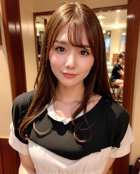 best quality, photorealistic, 8k, high res, 1girl, woman, (skindentation), (professional lighting), (portrait:0.6), (maid dress:1.897), gorgeous, ((brown hair)), (medium hair:1.6), (flowing hair:1.4), (1girl eyes looking at viewer:1), ((looking at viewer:1.6)), (1girl looking at the camera), photorealistic, (bokeh), (portait:0.6), (dynamic pose:1.2), masterpiece, intricate, realistic, sharp focus, award-winning photograph, sfw, (smile:1),  <lora:miru:0.61>