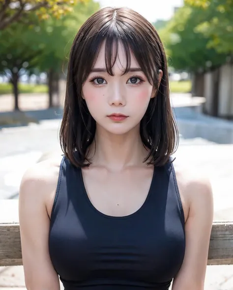 best quality, photorealistic, 8k, high res, full color, 1girl, woman, 20 years old woman, (closed mouth:1.73), (skindentation), (portrait:0.6), trees, park bench, daylight, ((park background:1.52)), full color, ((tanktop jersey:1.78)), looking at viewer:1.8, (1girl eyes looking at viewer:1.55), (medium hair, blackhair, partedbangs:1.45), (bokeh), <lora:AAV-miruV2:0.69>