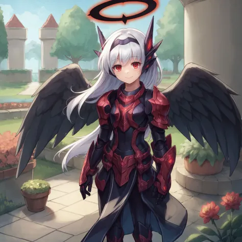 score_9, score_8_up, score_7_up, source_anime, cowboy shot, standing,
darkmel, white hair, red eyes, armor, halo, black wings, looking at viewer, smile, closed mouth,
garden,  <lora:2024-02-25_02-12-57-save-960-4-0:0.8>