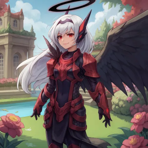 score_9, score_8_up, score_7_up, source_anime, cowboy shot, standing,
darkmel, white hair, red eyes, halo, black wings, armor, looking at viewer, evil grin, closed mouth,
garden,  <lora:2024-02-25_02-12-57-save-960-4-0:0.8>   <lora:kittew-artist-richy-v1_pdxl:0.8>