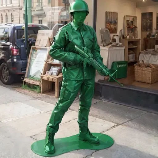 <lora:Plastic Green Army Toy Soldier Costume:0.8>, 1boy, Plastic Green Army Man Costume, full body