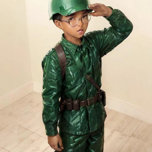 <lora:Plastic Green Army Toy Soldier Costume:0.8>, 1boy, solo, (beautiful boy face:1.1), (crying eyes:1.3), (tear:1.2), Dark brown hair, short_hair, (Dark brown eyes), (glasses), Plastic Green Army Toy Soldier Costume, standing, salute, saluting, full body, from front