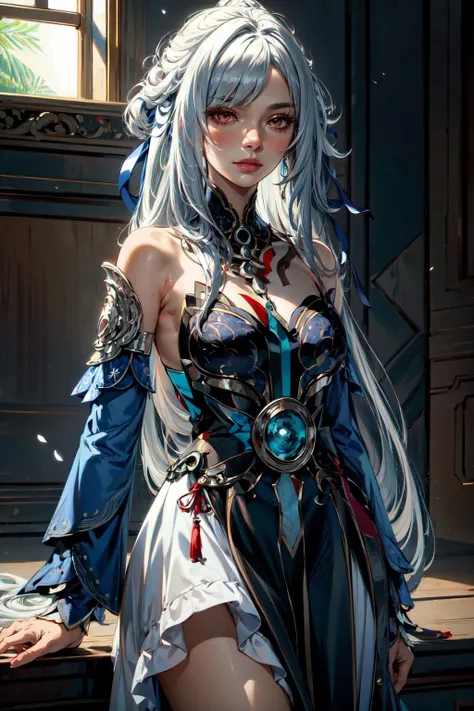 (masterpiece, best quality:1.2), intricate details, <lyco:GoodHands-beta2:1>, <lora:honkai_jingliu-000016:1>, jingliu, 1girl, long hair, bangs, dress, bare shoulders, white hair, hair ornament, solo