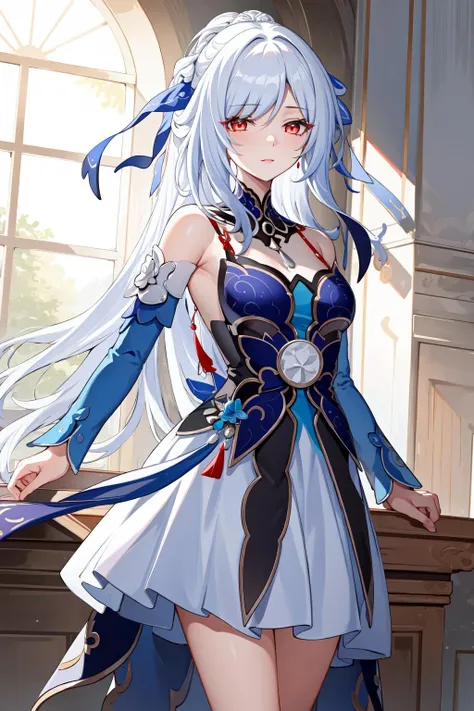 (masterpiece, best quality:1.2), intricate details, <lyco:GoodHands-beta2:1>,  <lora:honkai_jingliu-000016:1>, jingliu, 1girl, long hair, bangs, dress, bare shoulders, white hair, hair ornament, solo