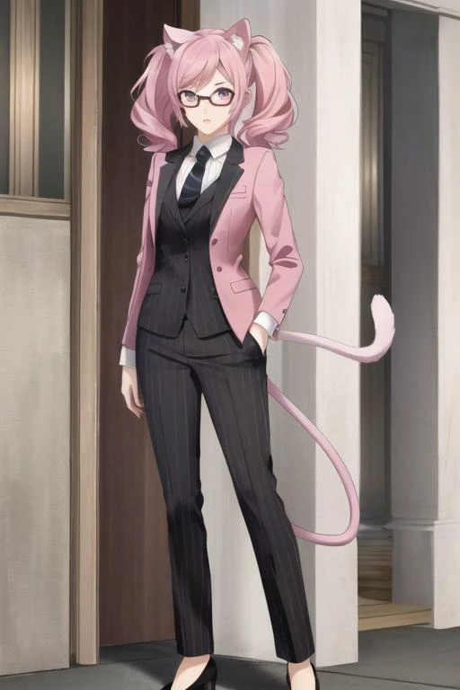 ((best quality)), ((highly detailed)), masterpiece, extremely detailed face, beautiful face, (detailed eyes, deep eyes), (1girl), full body, (glasses), (panther girl), panther ears, panther tail, (pink hair), pink eyes, pink tail, pink ears, ((pink colored business suit)), ((pink colored suit jacket)), pink pinstripe pants, pink neck tie, <lora:p5-anime_style_lc:.8>