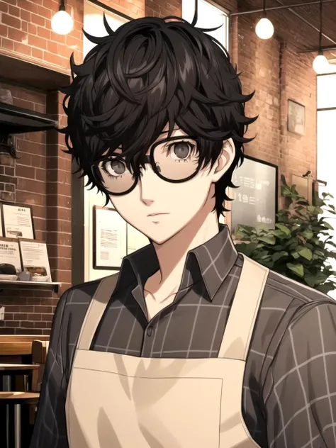 masterpiece, best quality, 1boy, solo, dsjoker, black hair, short hair, grey eyes, white shirt, brown apron, glasses, indoors, cafe, detailed background, detailed eyes, upper body, male focus
 <lyco:dsjoker_lc_768:1> <lyco:p5-anime_style_lc:0.8>