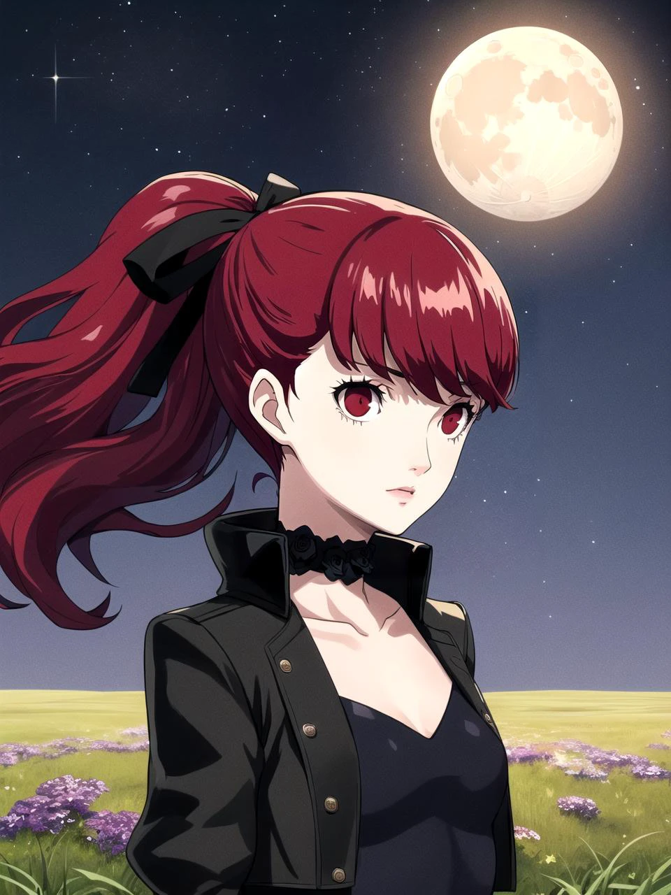 masterpiece, best quality, 1girl, solo, dsviolet, red hair, long hair, ponytail, red eyes, black ribbon, hair ribbon, black leotard, jacket, red gloves, thighhighs, choker, frilled sleeves, silver rose, grass field, night sky, moon, detailed background, upper body
<lyco:dskasumi-v2_lc_768:1> <lyco:p5-anime_style_lc:0.8>