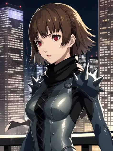 masterpiece, best quality, 1girl, solo, dsqueen, brown hair, short hair, crown braid, red eyes, bodysuit, shoulder spikes, scarf, city, skyscraper, surreal dreamscape, detailed background, upper body
 <lyco:dsmakoto-v2_lc_768:1> <lyco:p5-anime_style_lc:0.8>