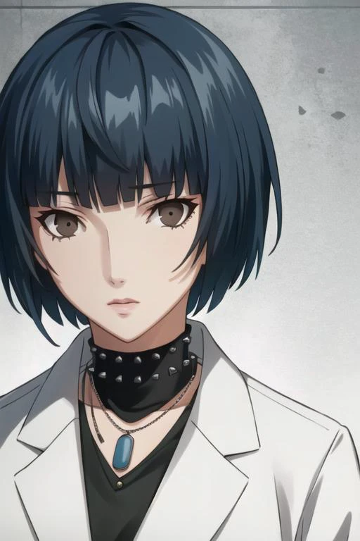 ((best quality)), ((highly detailed)), masterpiece, extremely detailed face, beautiful face, (detailed eyes, deep eyes), (1girl), upper body, <lora:taeTakemiPersona5_v10:.8>, Tae Takemi, dark blue hair, short hair, bob-cut, blunt bangs, (brown eyes), necklace, studded collar, ((labcoat)), <lora:p5-anime_style_lc:.8>