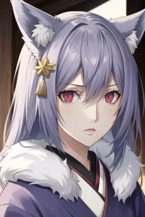 ((best quality)), ((highly detailed)), masterpiece, detailed face, beautiful face, (detailed eyes, deep eyes), (1girl), upper body, fox girl, fox ears, fox tail, red eyes, <lora:slit-pupils:1>, snake eyes, (Dark purple) hair, kimono, <lora:p5-anime_style_lc:.8>