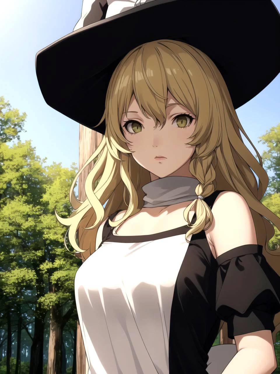 masterpiece, best quality, 1girl, solo, kirisame marisa, standing, outdoors, forest, scenery, radiant sky, detailed background, upper body
<lyco:p5-anime_style_lc:1>