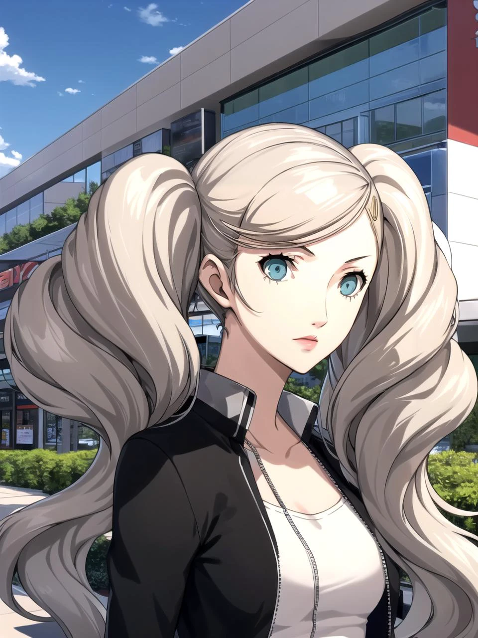 masterpiece, best quality, 1girl, solo, dsann, blonde hair, long hair, twintails, swept bangs, blue eyes, hairclip, jacket, shirt, outdoor shopping mall, detailed sky, detailed background, upper body
<lyco:dsann_lc_768:1> <lyco:p5-anime_style_lc:0.8>