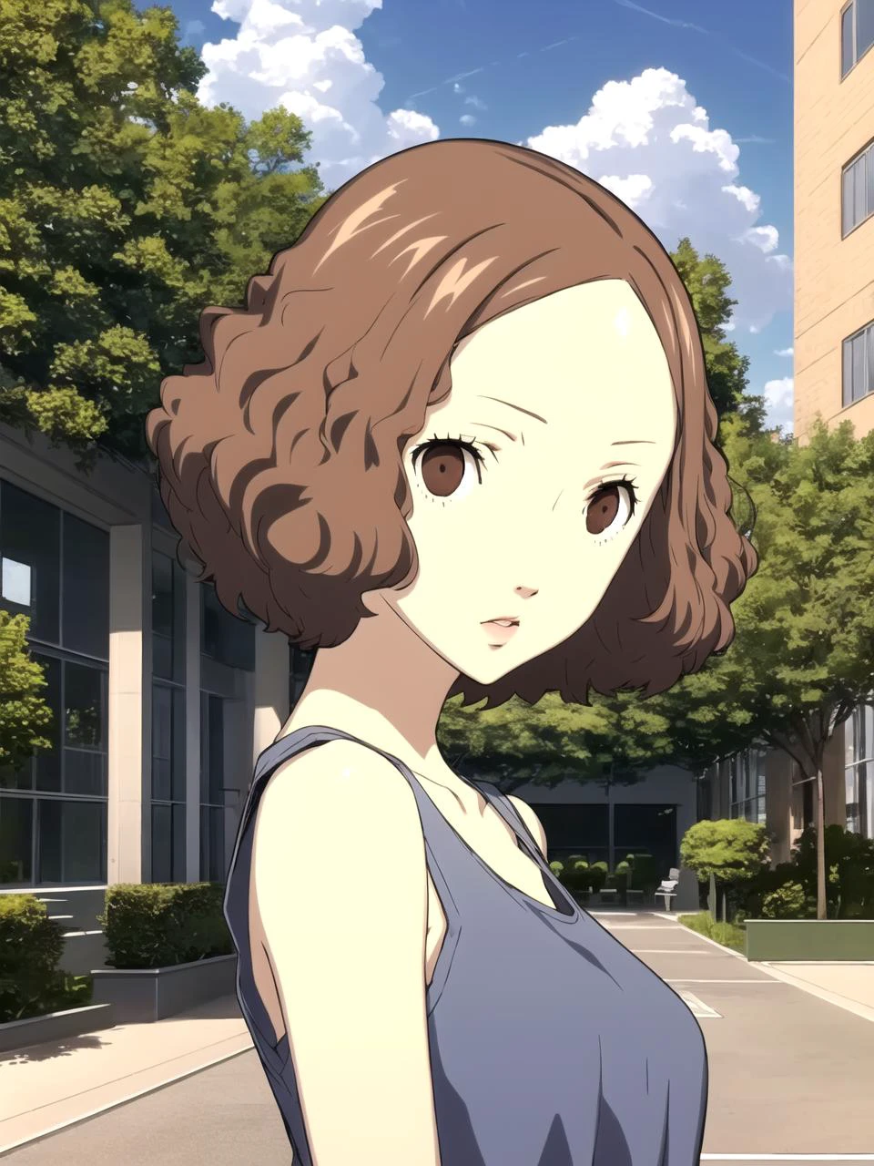 masterpiece, best quality, 1girl, solo, dsharu, brown hair, short hair, brown eyes, tank top, outdoors, school courtyard, detailed sky, detailed background, upper body
<lyco:dsharu_lc_768:1> <lyco:p5-anime_style_lc:0.7>