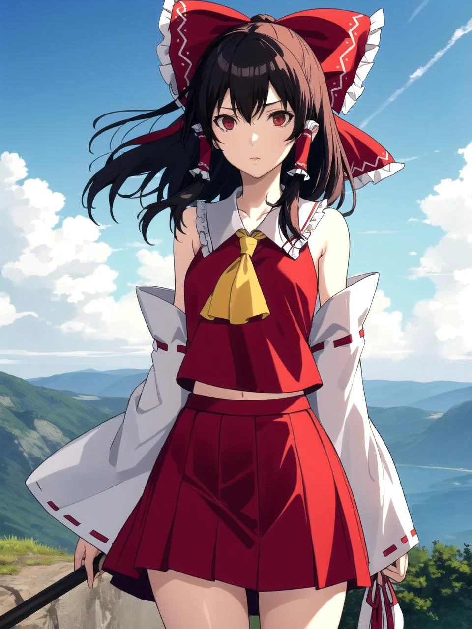 masterpiece, best quality, 1girl, solo, hakurei reimu, standing, outdoors, cliffs, scenery, radiant sky, detailed background, cowboy shot
<lyco:p5-anime_style_lc:1>
