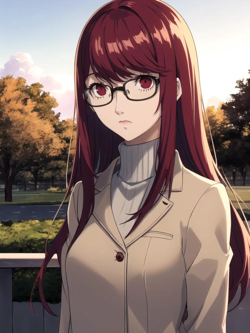 masterpiece, best quality, 1girl, solo, dssumire, red hair, long hair, straight hair, red eyes, glasses, coat, turtleneck, park, detailed sky, detailed background, upper body
<lyco:dskasumi-v2_lc_768:1> <lyco:p5-anime_style_lc:0.8>