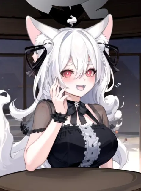 (masterpiece, best quality:1.2),illustration,8k,hd,1girl,solo,long_hair,breasts,large_breasts,smile,bangs,dress,animal_ears,cleavage,very_long_hair,collarbone,short_sleeves,frills,horns,puffy_sleeves,white_dress,black_dress,puffy_short_sleeves,grey_eyes,sheep_ears,cow_ears,cow_horns,cow_girl,<lora:CowGirl Bubble-V1:0.8>,