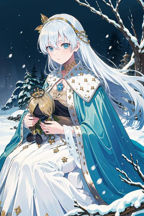 original outfit, 1girl, anastasia (fate), blue cloak, solo, crown, snow outdoor background,log, cloak, simple background, dress, doll, mini crown <lora:anastasiamix-000009:1>