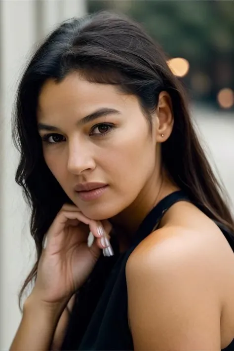 Realistic photo of a beautiful m0n1c4b-v2 woman, 1girl, solo, long hair, looking at viewer, black hair, brown eyes, closed mouth, upper body, sleeveless, lips, hand on own face, head rest, realistic, nose, soft lighting, professional Photography, Photorealistic, detailed, RAW, analog, sharp focus, 8k, HD, DSLR, high quality, Fujifilm XT3, film grain, award winning, masterpiece<lora:m0n1c4b-v2:1.0>