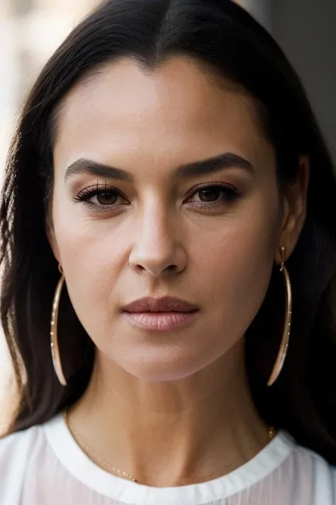 Realistic photo of a beautiful m0n1c4b-v2 woman, 1girl, long hair, looking at viewer, brown hair, makeup, black hair, brown eyes, jewelry, earrings, solo focus, blurry, lips, depth of field, blurry background, realistic, nose, soft lighting, professional Photography, Photorealistic, detailed, RAW, analog, sharp focus, 8k, HD, DSLR, high quality, Fujifilm XT3, film grain, award winning, masterpiece<lora:m0n1c4b-v2:1.0>