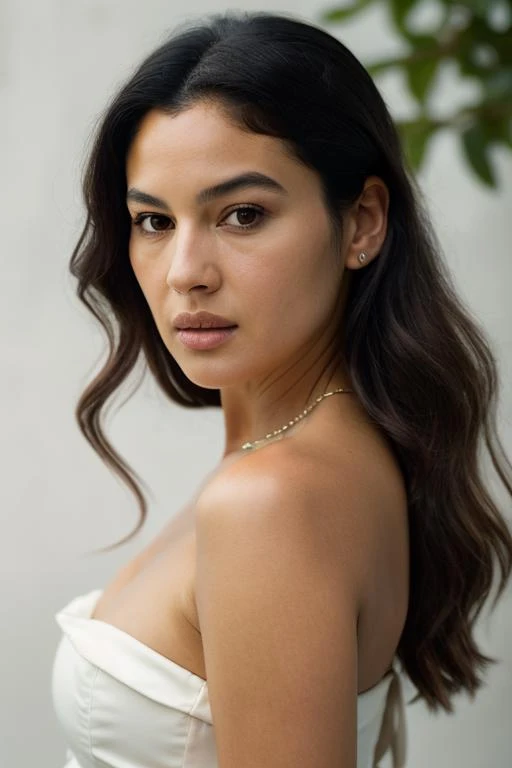 Realistic photo of a beautiful m0n1c4b-v2 woman, 1girl, solo, long hair, simple background, black hair, white background, bare shoulders, closed mouth, black eyes, lips, looking to the side, portrait, realistic, soft lighting, professional Photography, Photorealistic, detailed, RAW, analog, sharp focus, 8k, HD, DSLR, high quality, Fujifilm XT3, film grain, award winning, masterpiece<lora:m0n1c4b-v2:1.0>