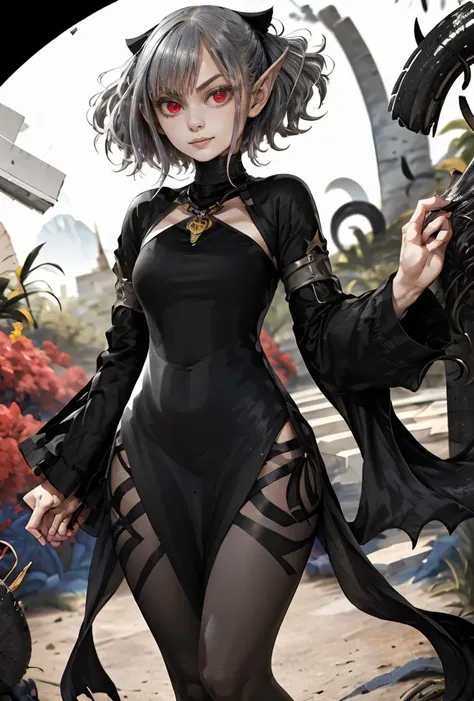 pointy ears,Black color hair,short detailed hair,one-girl,Bigboobs,fox ear,Two legs,Over-the-knee stockings,(middle parted hairstyle),Sideburns have long hair,Star decoration,The sword,Long sword,Has long braids,see-through raincoat