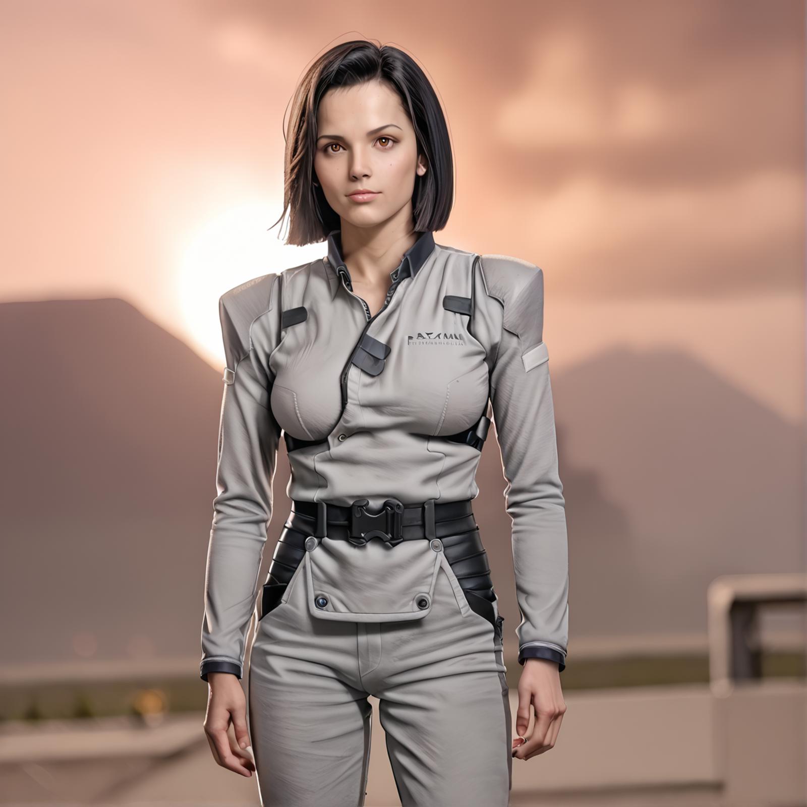 A woman in a futuristic suit standing in front of a sunset - SeaArt AI