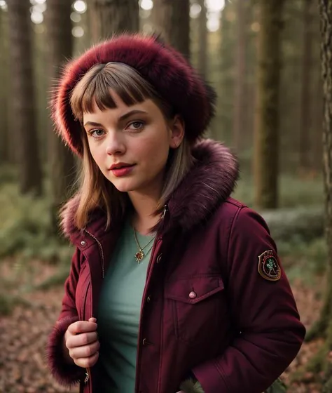 <m3g1ol9>, a beautiful woman, perfect hair, (modern photo, Oxblood Red Faux fur-trimmed parka jacket with multiple pockets and a versatile khaki color), closeup portrait, 85mm, (analog, cinematic, film grain:1.3), (fairy forest:1.2), detailed eyes, (seductive pose), (epicPhoto), (looking at viewer), jewelry, (cinematic shot:1.3)