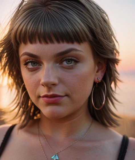 <m3g1ol9>, photo of woman, perfect hair, posing, (modern photo, dress), (closeup portrait), earrings, 24mm, (analog, cinematic, film grain:1.3), (sunset), ((detailed eyes)), (epicPhoto), (color picture:1.1)